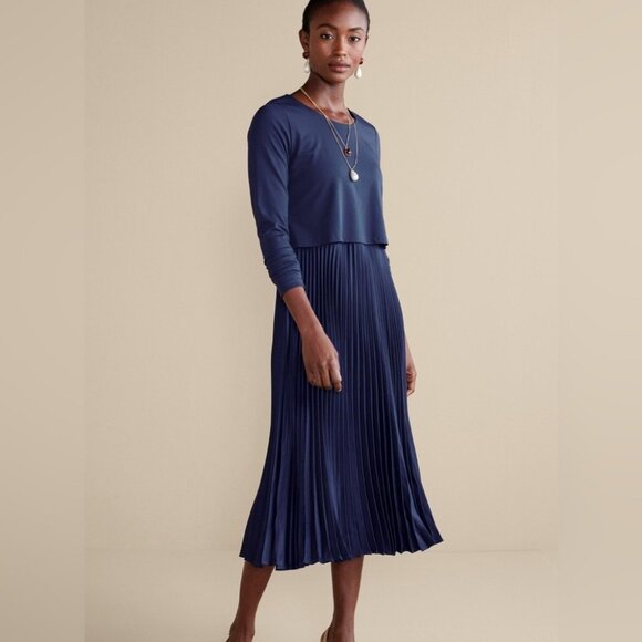 Soft surroundings Cassandra Dress Elegant Navy Pleated Midi Dress Large Casual - Picture 3 of 13